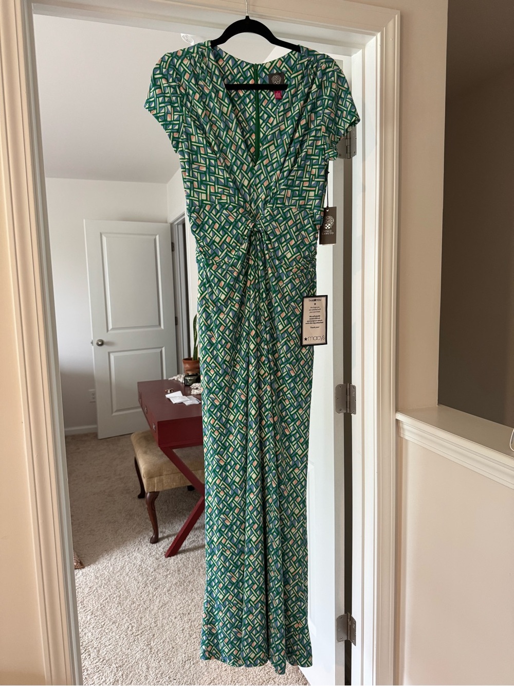 NWT Vince Camuto Green & Blue Geometric Pattern Jumpsuit - Picture 2 of 8